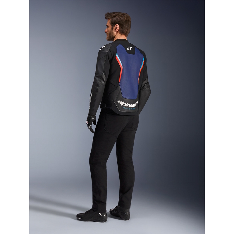 Giacca da moto in pelle Alpinestars GP Force V2, nera, blu e rosso fluo.