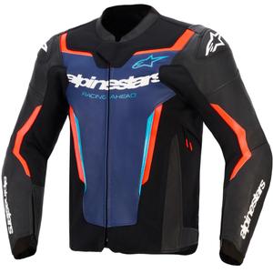 Giacca da moto in pelle Alpinestars GP Force V2, nera, blu e rosso fluo.