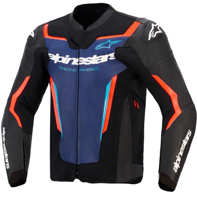 Giacca da moto in pelle Alpinestars GP Force V2, nera, blu e rosso fluo.
