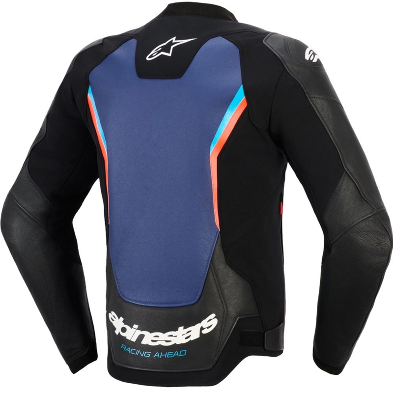 Giacca da moto in pelle Alpinestars GP Force V2, nera, blu e rosso fluo.