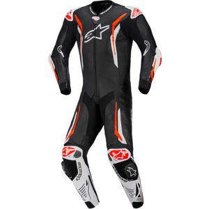 Tuta da moto intera in pelle Alpinestars GP TECH V5, nera, bianca e rosso fluo.