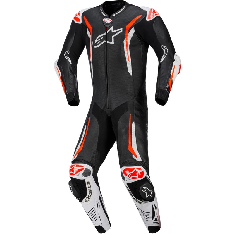 Tuta da moto intera in pelle Alpinestars GP TECH V5, nera, bianca e rosso fluo.