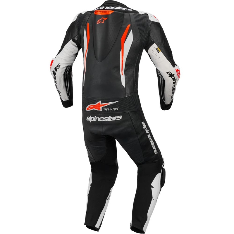 Tuta da moto intera in pelle Alpinestars GP TECH V5, nera, bianca e rosso fluo.
