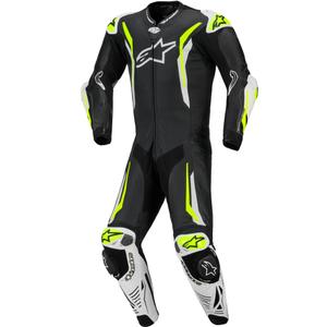 Tuta da moto intera in pelle Alpinestars GP TECH V5, nera, bianca e giallo fluo.