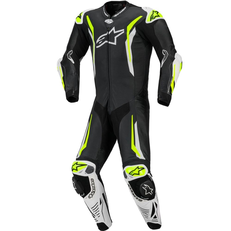 Tuta da moto intera in pelle Alpinestars GP TECH V5, nera, bianca e giallo fluo.
