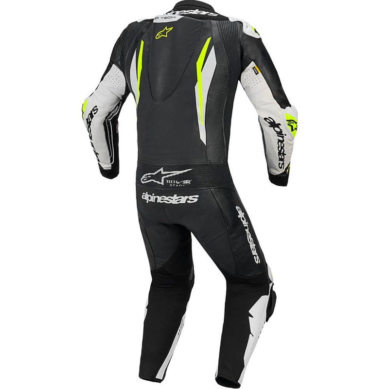 Tuta da moto intera in pelle Alpinestars GP TECH V5, nera, bianca e giallo fluo.
