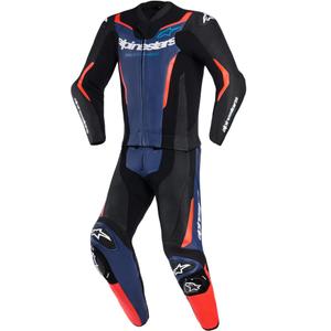 Tuta da moto Alpinestars GP Force V2 a due pezzi, nera, blu e rosso fluo.