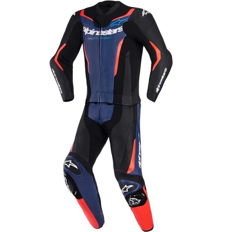 Tuta da moto Alpinestars GP Force V2 a due pezzi, nera, blu e rosso fluo.