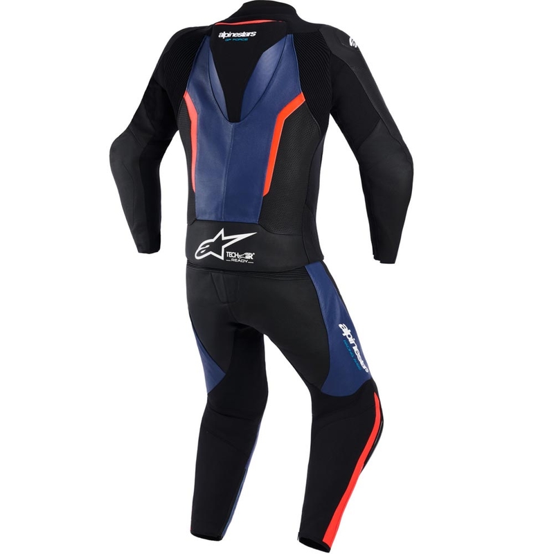 Tuta da moto Alpinestars GP Force V2 a due pezzi, nera, blu e rosso fluo.