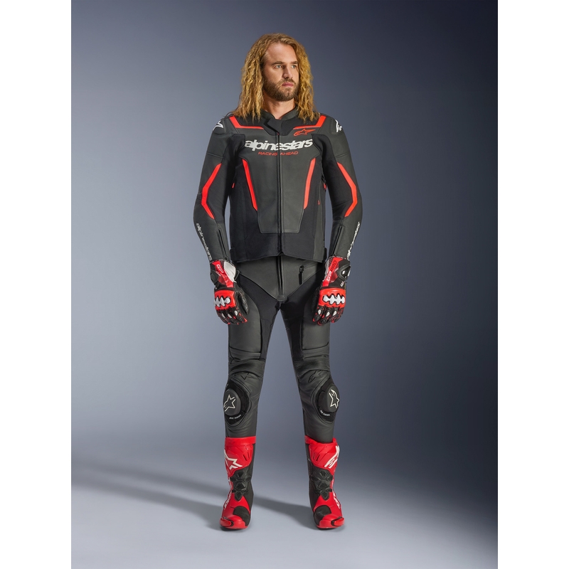 Giacca da moto in pelle Alpinestars GP Force V2 nera-rosso fluo-bianca