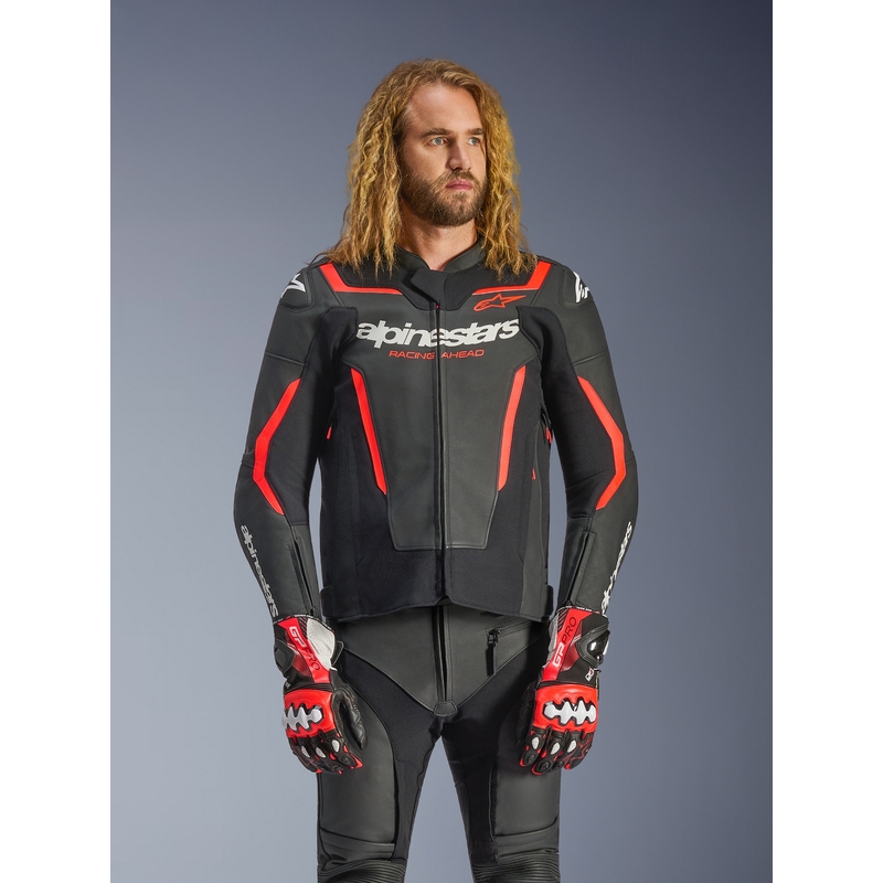 Giacca da moto in pelle Alpinestars GP Force V2 nera-rosso fluo-bianca