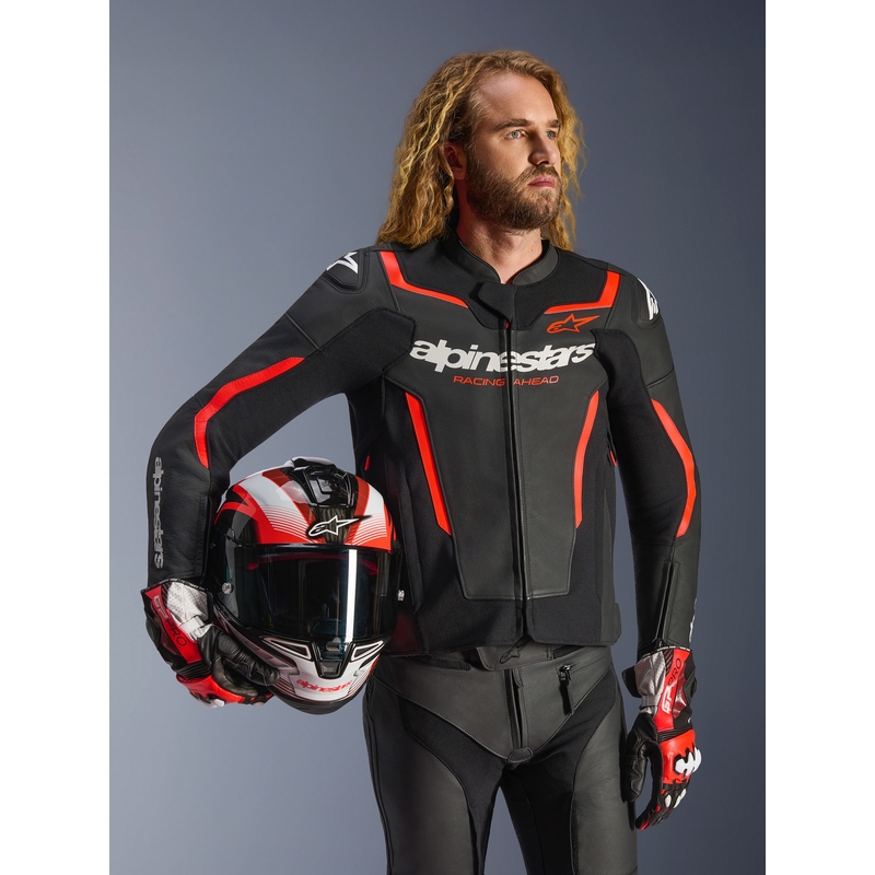 Giacca da moto in pelle Alpinestars GP Force V2 nera-rosso fluo-bianca