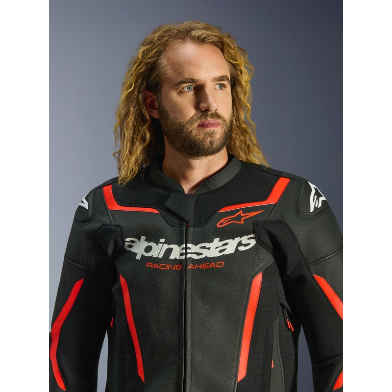 Giacca da moto in pelle Alpinestars GP Force V2 nera-rosso fluo-bianca