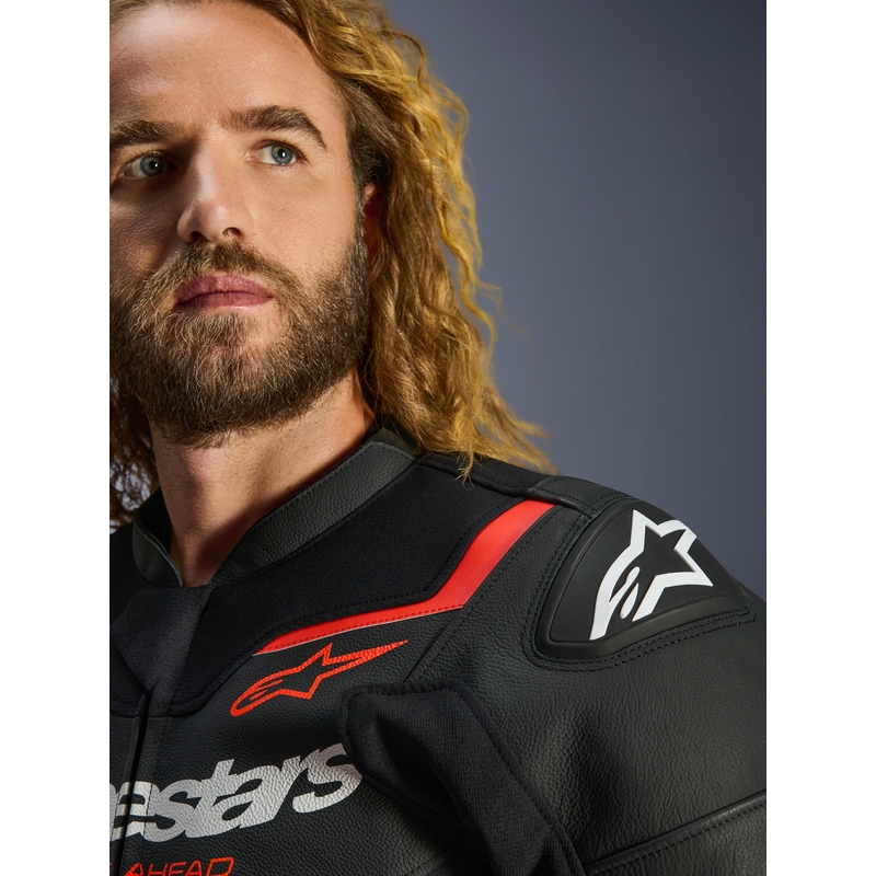 Giacca da moto in pelle Alpinestars GP Force V2 nera-rosso fluo-bianca