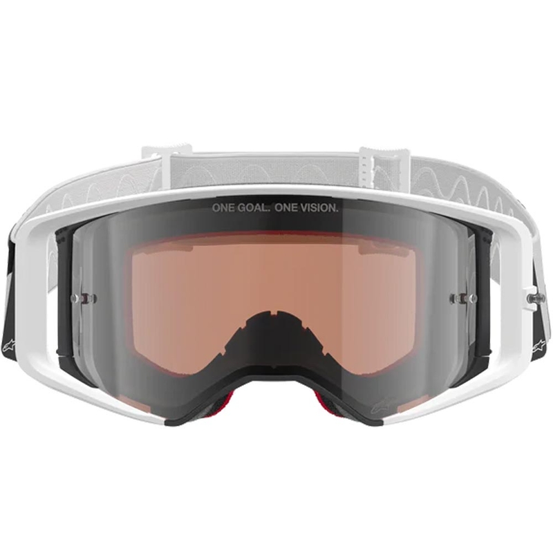 Occhiali da motocross Alpinestars Supertech Corp, bianco-grigio con plexiglass rosso.