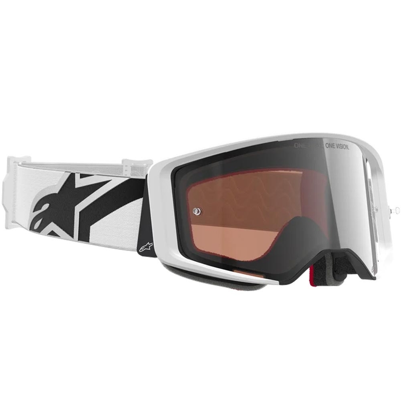 Occhiali da motocross Alpinestars Supertech Corp, bianco-grigio con plexiglass rosso.