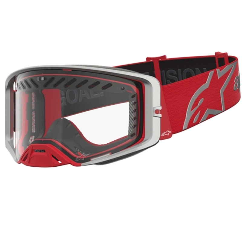 Occhiali da motocross Alpinestars Supertech Dura Air Fluid rosso-argento con plexiglass trasparente