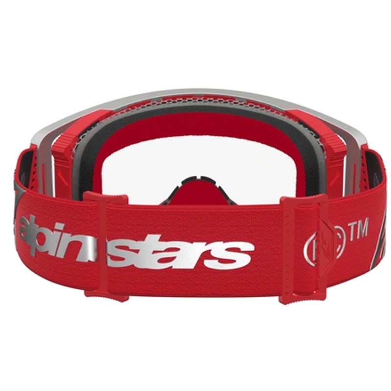 Occhiali da motocross Alpinestars Supertech Dura Air Fluid rosso-argento con plexiglass trasparente