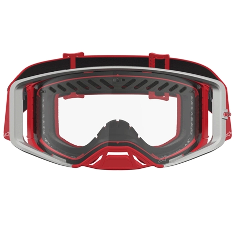 Occhiali da motocross Alpinestars Supertech Dura Air Fluid rosso-argento con plexiglass trasparente