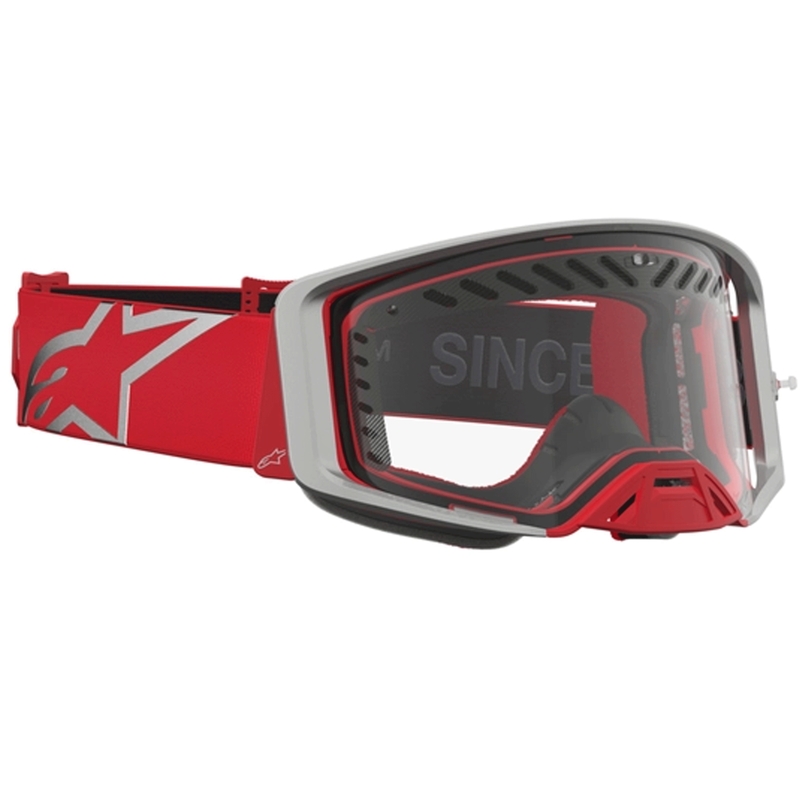 Occhiali da motocross Alpinestars Supertech Dura Air Fluid rosso-argento con plexiglass trasparente