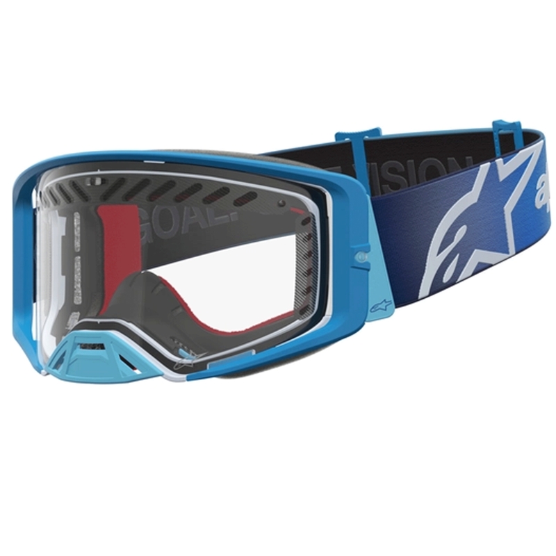 Occhiali da motocross Alpinestars Supertech Dura Air Fluid blu-argento con lente in plexiglass trasparente.