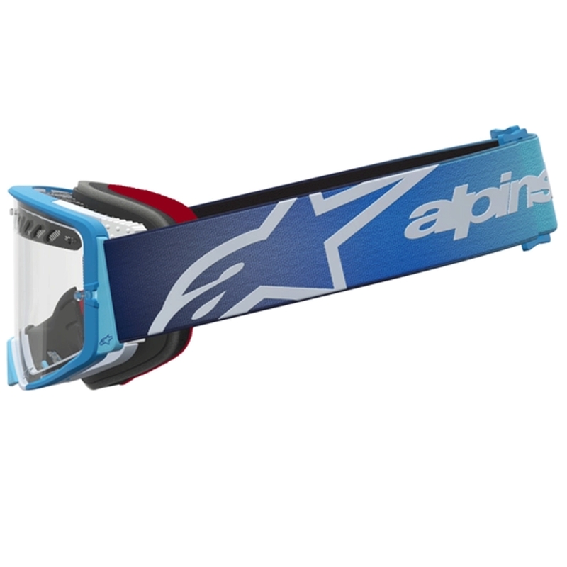 Occhiali da motocross Alpinestars Supertech Dura Air Fluid blu-argento con lente in plexiglass trasparente.
