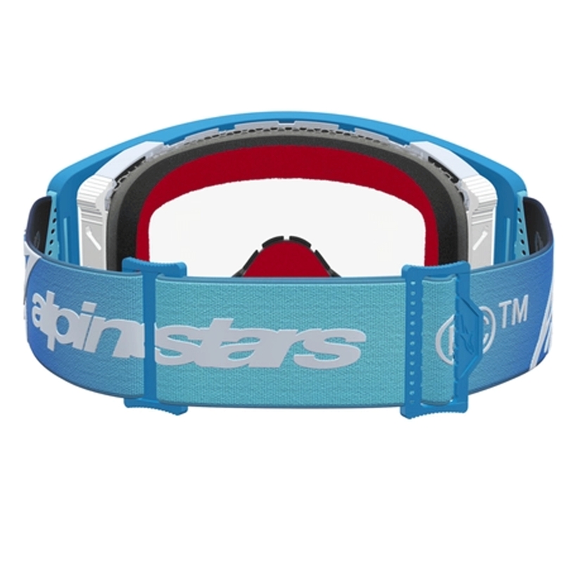 Occhiali da motocross Alpinestars Supertech Dura Air Fluid blu-argento con lente in plexiglass trasparente.