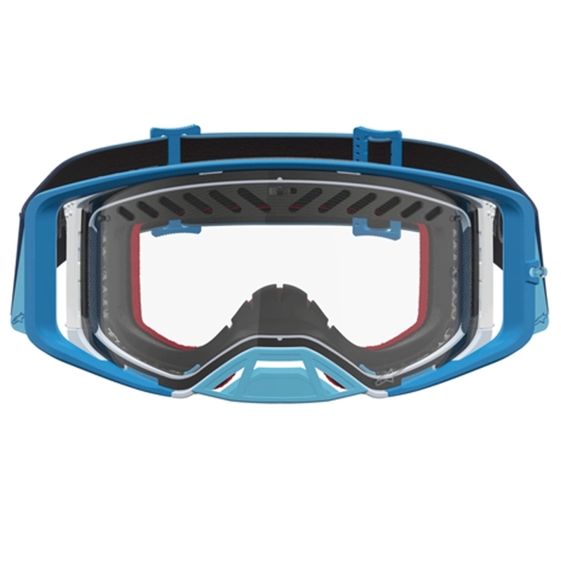 Occhiali da motocross Alpinestars Supertech Dura Air Fluid blu-argento con lente in plexiglass trasparente.