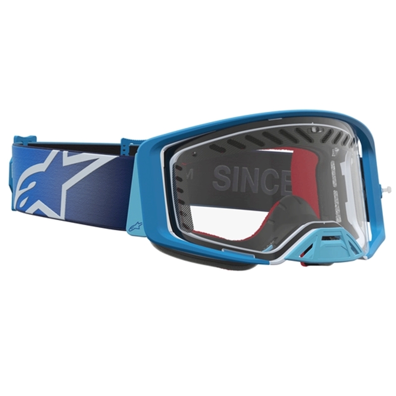 Occhiali da motocross Alpinestars Supertech Dura Air Fluid blu-argento con lente in plexiglass trasparente.