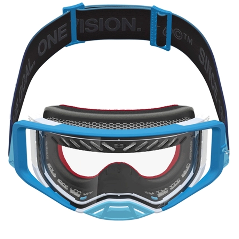 Occhiali da motocross Alpinestars Supertech Dura Air Fluid blu-argento con lente in plexiglass trasparente.
