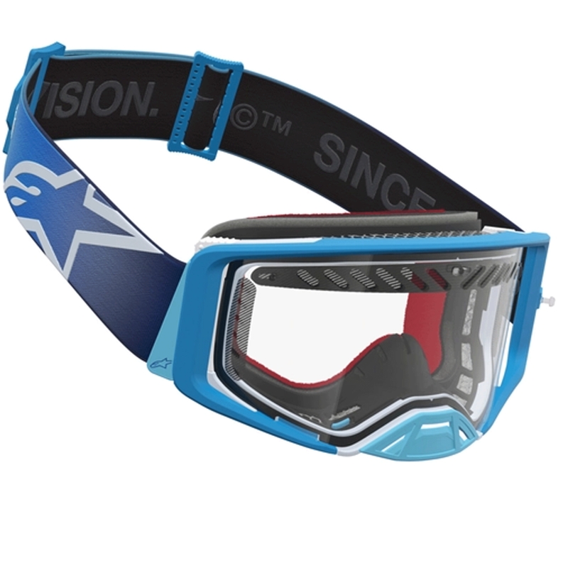 Occhiali da motocross Alpinestars Supertech Dura Air Fluid blu-argento con lente in plexiglass trasparente.