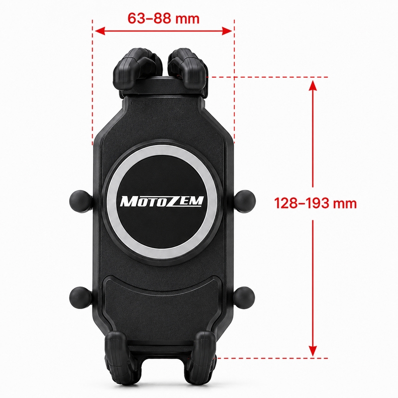 Supporto antivibrazione MotoZem Claw PRO con caricatore wireless e presa USB-C, colore nero.
