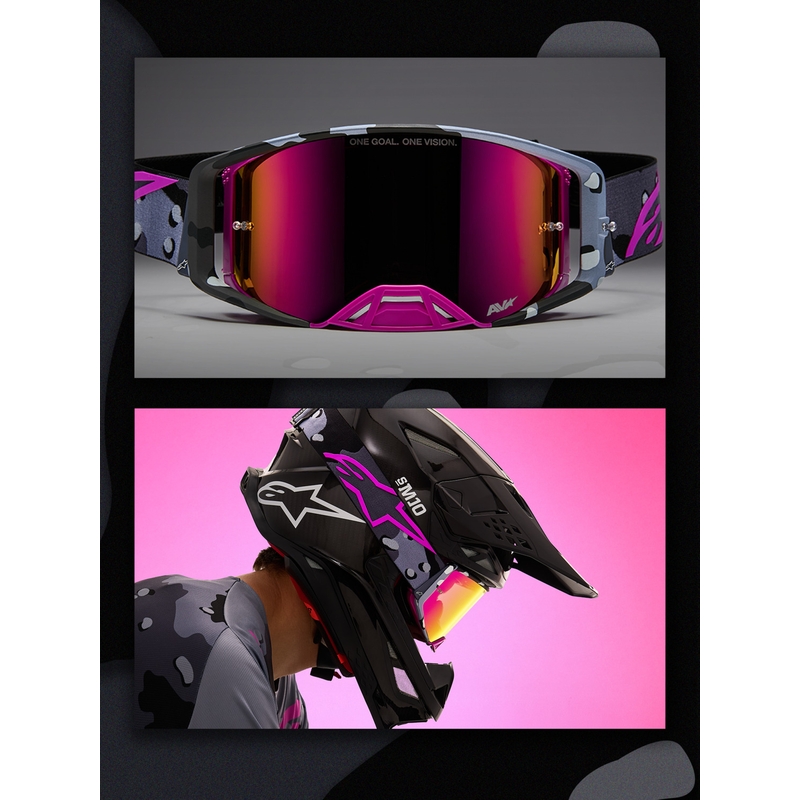 Occhiali da motocross Alpinestars Supertech Lone viola mimetici con lenti in plexiglass rosa a specchio.