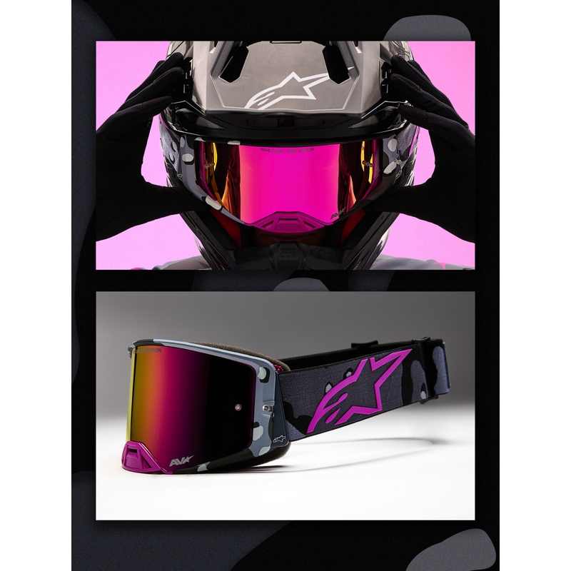 Occhiali da motocross Alpinestars Supertech Lone viola mimetici con lenti in plexiglass rosa a specchio.