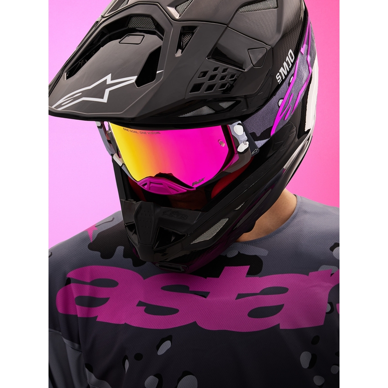 Occhiali da motocross Alpinestars Supertech Lone viola mimetici con lenti in plexiglass rosa a specchio.