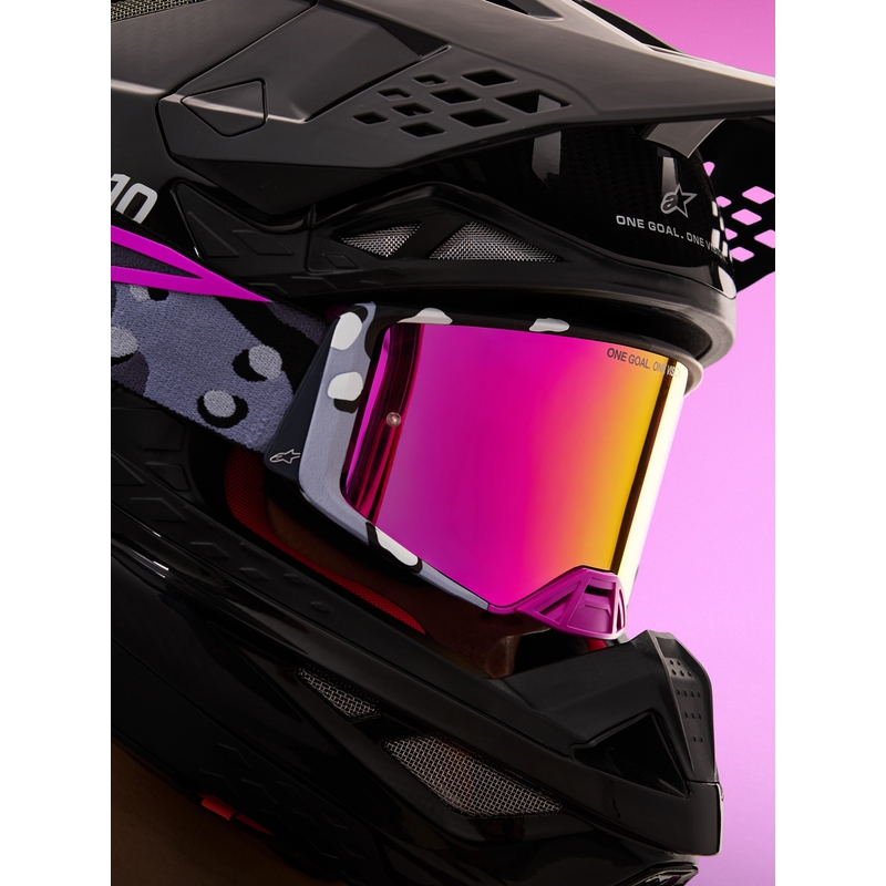 Occhiali da motocross Alpinestars Supertech Lone viola mimetici con lenti in plexiglass rosa a specchio.