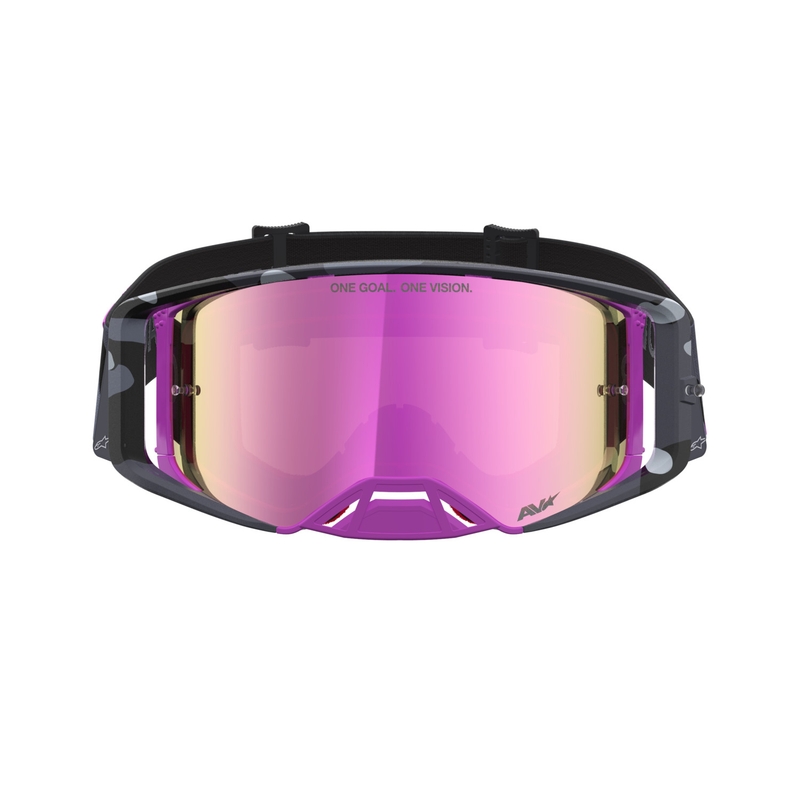 Occhiali da motocross Alpinestars Supertech Lone viola mimetici con lenti in plexiglass rosa a specchio.