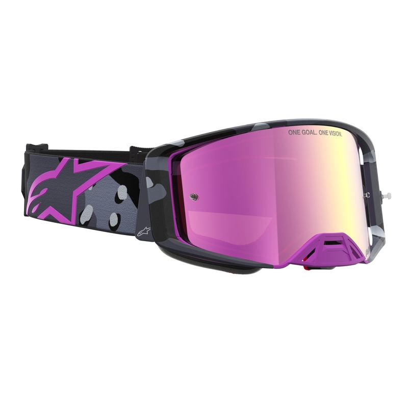 Occhiali da motocross Alpinestars Supertech Lone viola mimetici con lenti in plexiglass rosa a specchio.