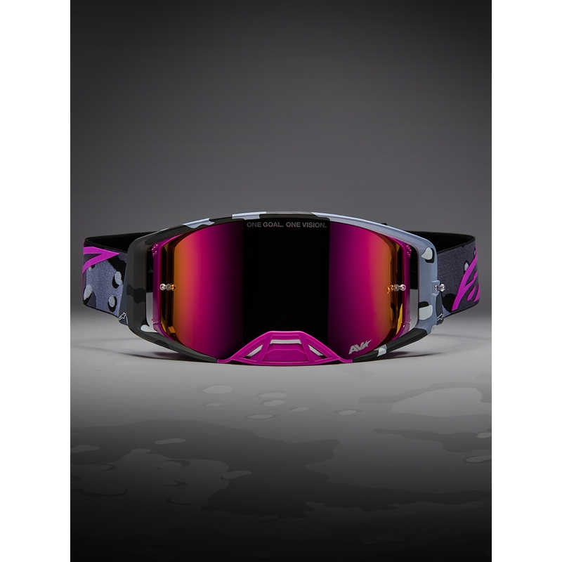 Occhiali da motocross Alpinestars Supertech Lone viola mimetici con lenti in plexiglass rosa a specchio.