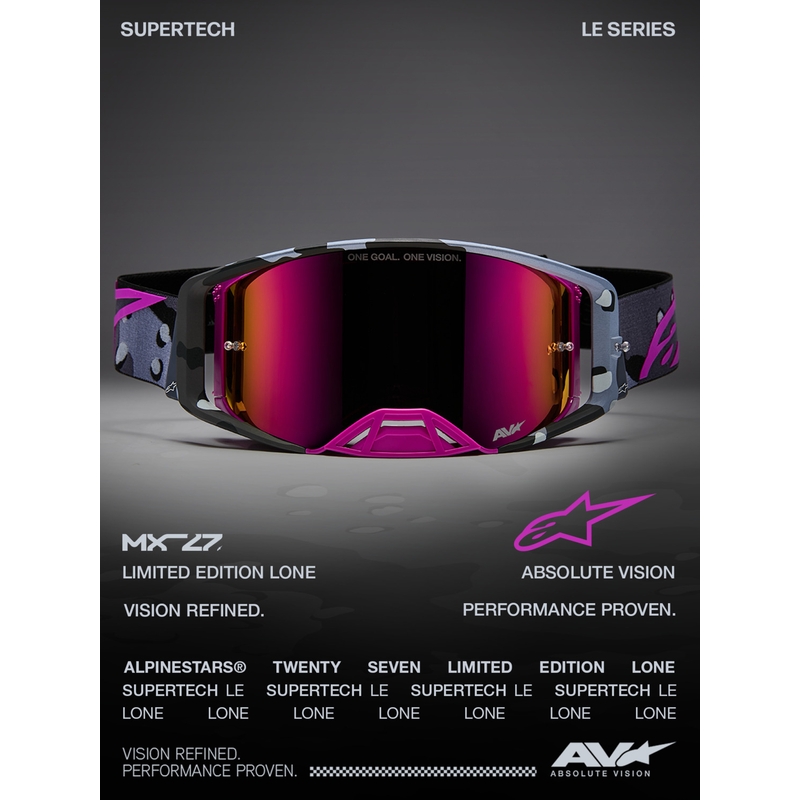 Occhiali da motocross Alpinestars Supertech Lone viola mimetici con lenti in plexiglass rosa a specchio.