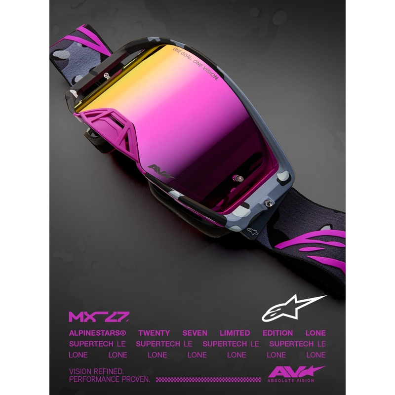 Occhiali da motocross Alpinestars Supertech Lone viola mimetici con lenti in plexiglass rosa a specchio.