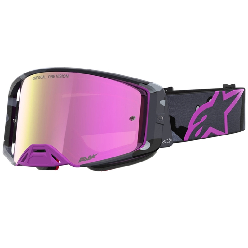 Occhiali da motocross Alpinestars Supertech Lone viola mimetici con lenti in plexiglass rosa a specchio.