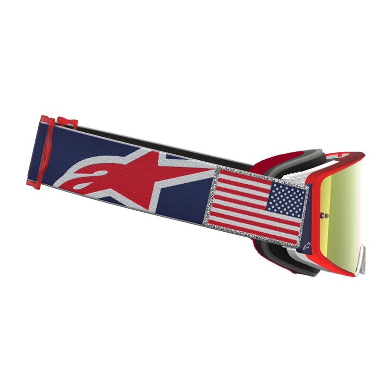 Occhiali da motocross Alpinestars Supertech Fiftyfold blu-rosso-bianco con lente in plexiglass rosso a specchio.