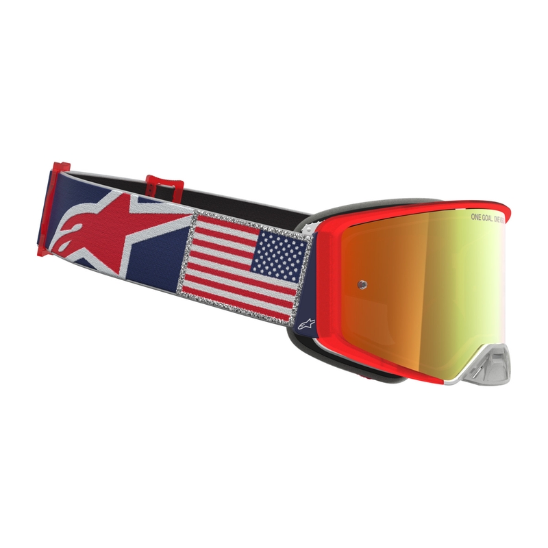Occhiali da motocross Alpinestars Supertech Fiftyfold blu-rosso-bianco con lente in plexiglass rosso a specchio.