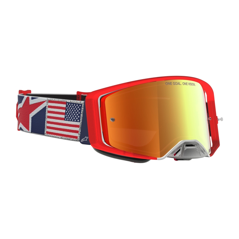 Occhiali da motocross Alpinestars Supertech Fiftyfold blu-rosso-bianco con lente in plexiglass rosso a specchio.