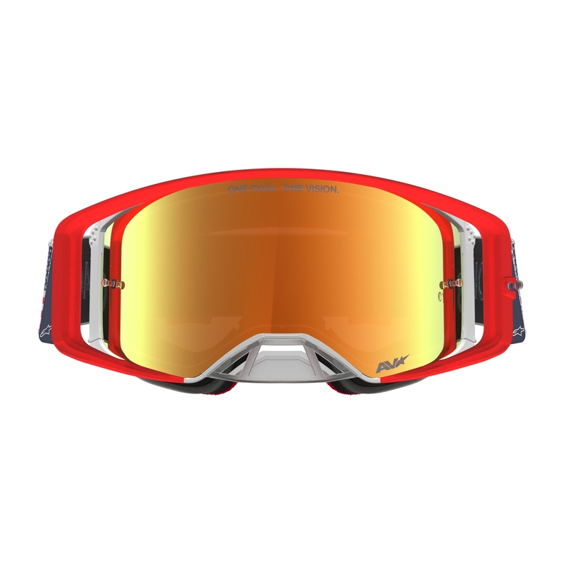 Occhiali da motocross Alpinestars Supertech Fiftyfold blu-rosso-bianco con lente in plexiglass rosso a specchio.