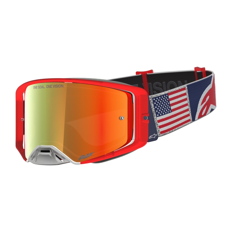 Occhiali da motocross Alpinestars Supertech Fiftyfold blu-rosso-bianco con lente in plexiglass rosso a specchio.