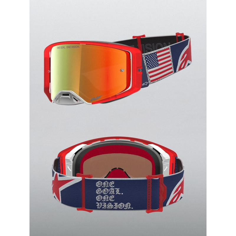 Occhiali da motocross Alpinestars Supertech Fiftyfold blu-rosso-bianco con lente in plexiglass rosso a specchio.