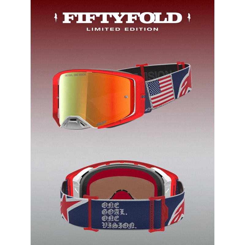 Occhiali da motocross Alpinestars Supertech Fiftyfold blu-rosso-bianco con lente in plexiglass rosso a specchio.