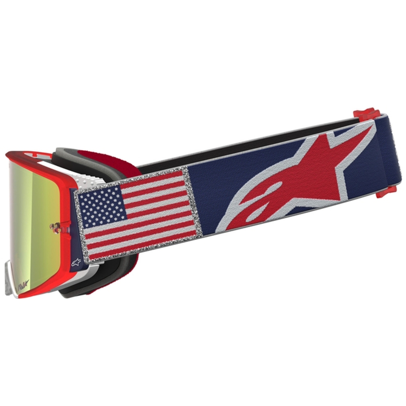 Occhiali da motocross Alpinestars Supertech Fiftyfold blu-rosso-bianco con lente in plexiglass rosso a specchio.